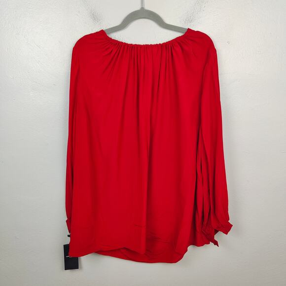 Saint Laurent Blouse Womens FR 40 US 8 Red Silk Puff Sleeve Drawstring Neckline - Picture 5 of 13